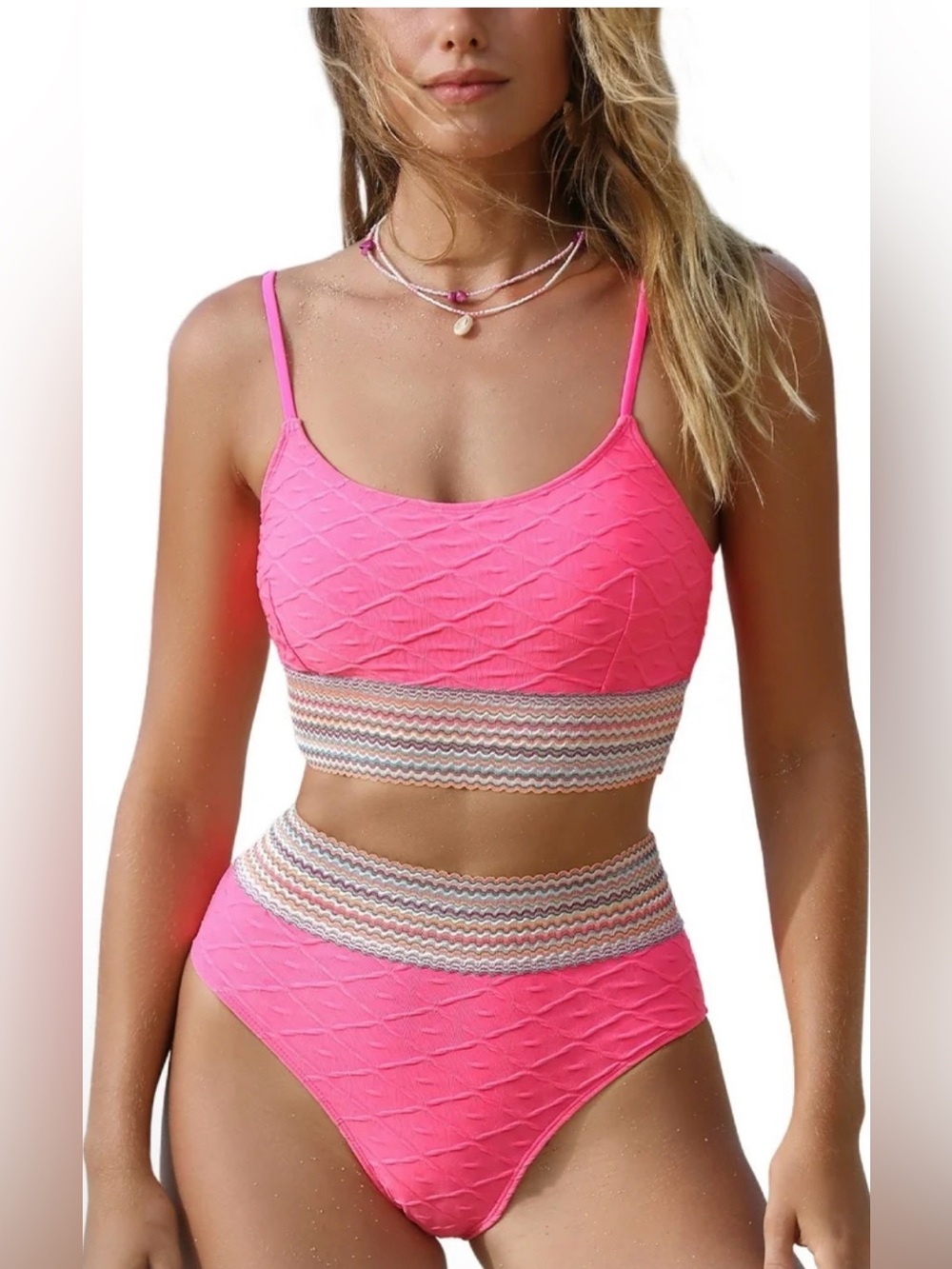 CUPSHE Women's Pink Geo-Stitch Scoop Bralette & High Waist Bikini Set